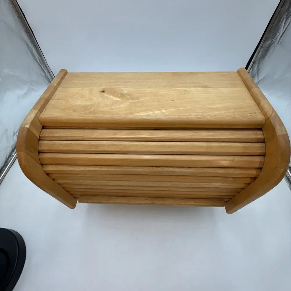 Vintage Wooden Wood Roll Top Bread Box Farmhouse Brown Country Farm Rustic 16x9